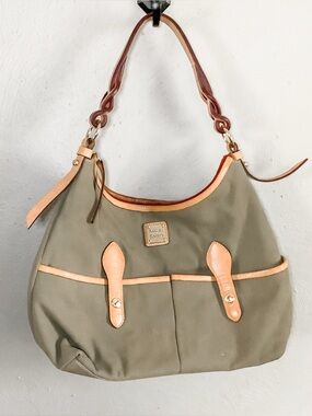 Dooney & Bourke Army Green/Olive Canvas Hobo Tote Handbag with Tan Leather Trim